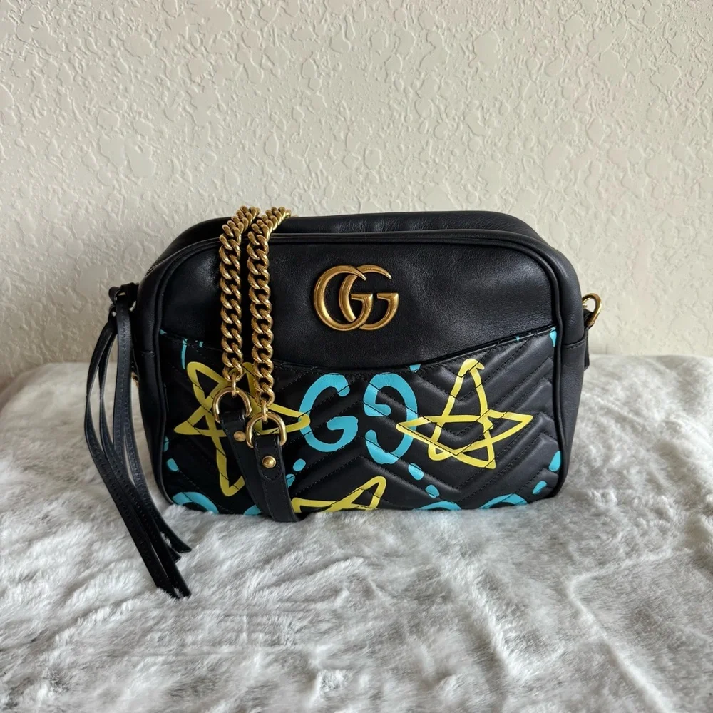 GUCCI GHOST Black Marmont Shoulder Bag - Graffiti Collection. P0239